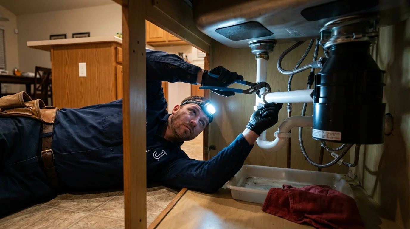 P-trap and supply line connections under a kitchen sink showing a common leak point in Clinton, SC
